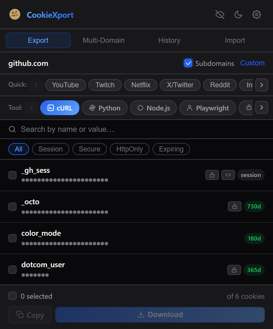 CookieXport popup showing the Export tab with cookies for github.com and a cURL preview ready to copy