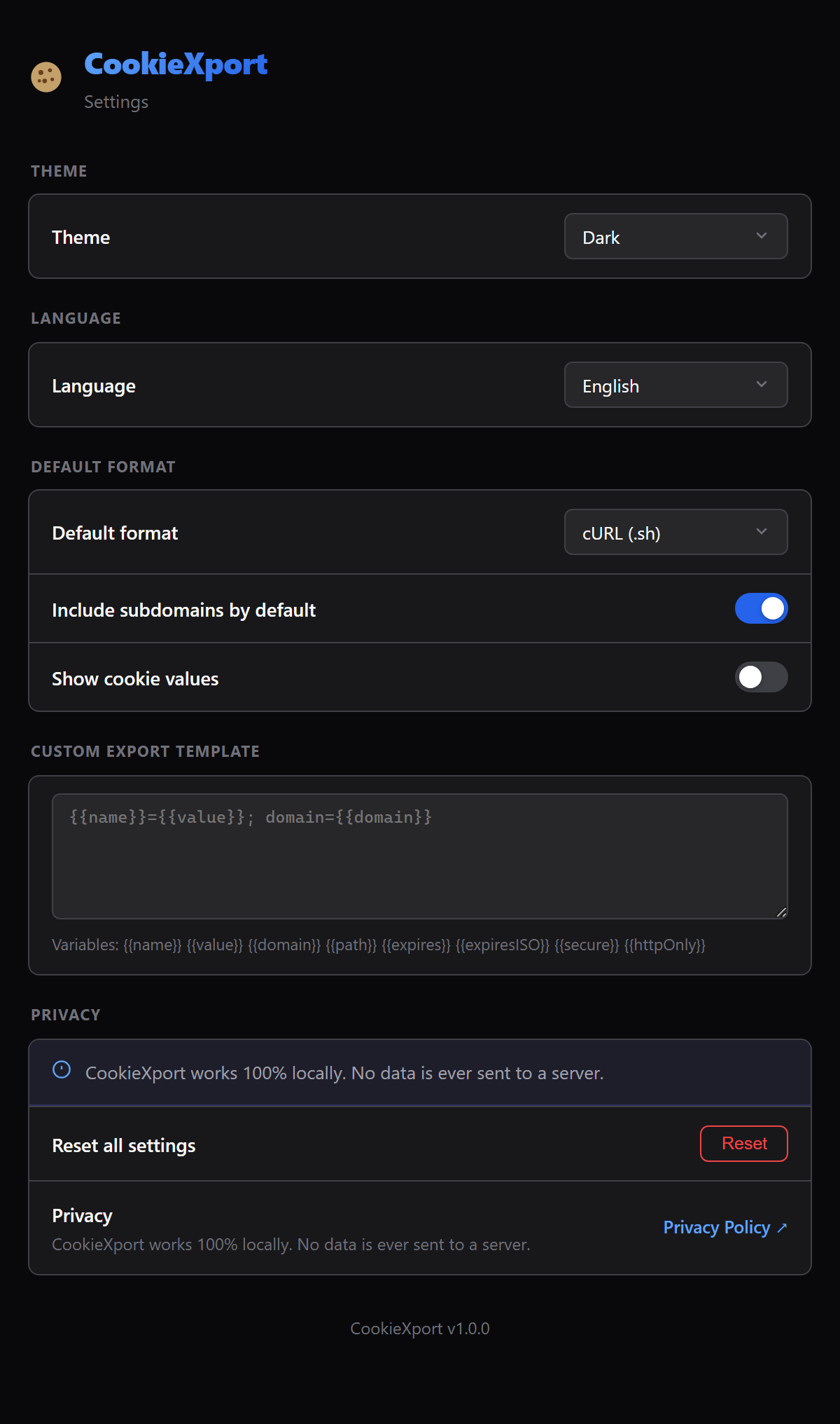 CookieXport options page showing theme, language, default format and custom template settings