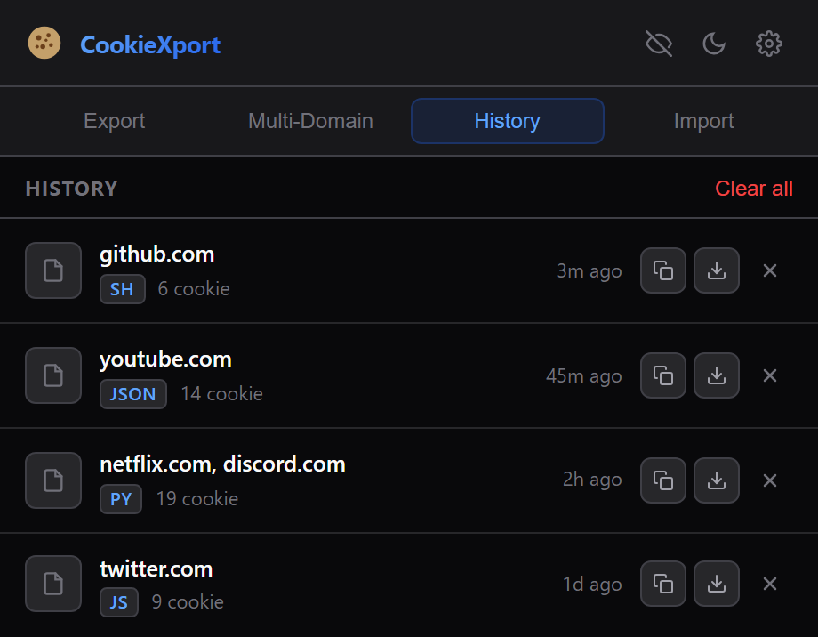 CookieXport History tab listing past exports with re-download and copy actions